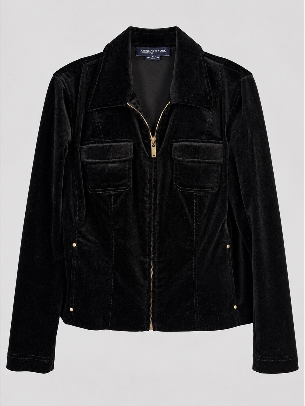 Jones New York Signature Womens M Black Velvet Utility Jacket Y2K Zip Cargo